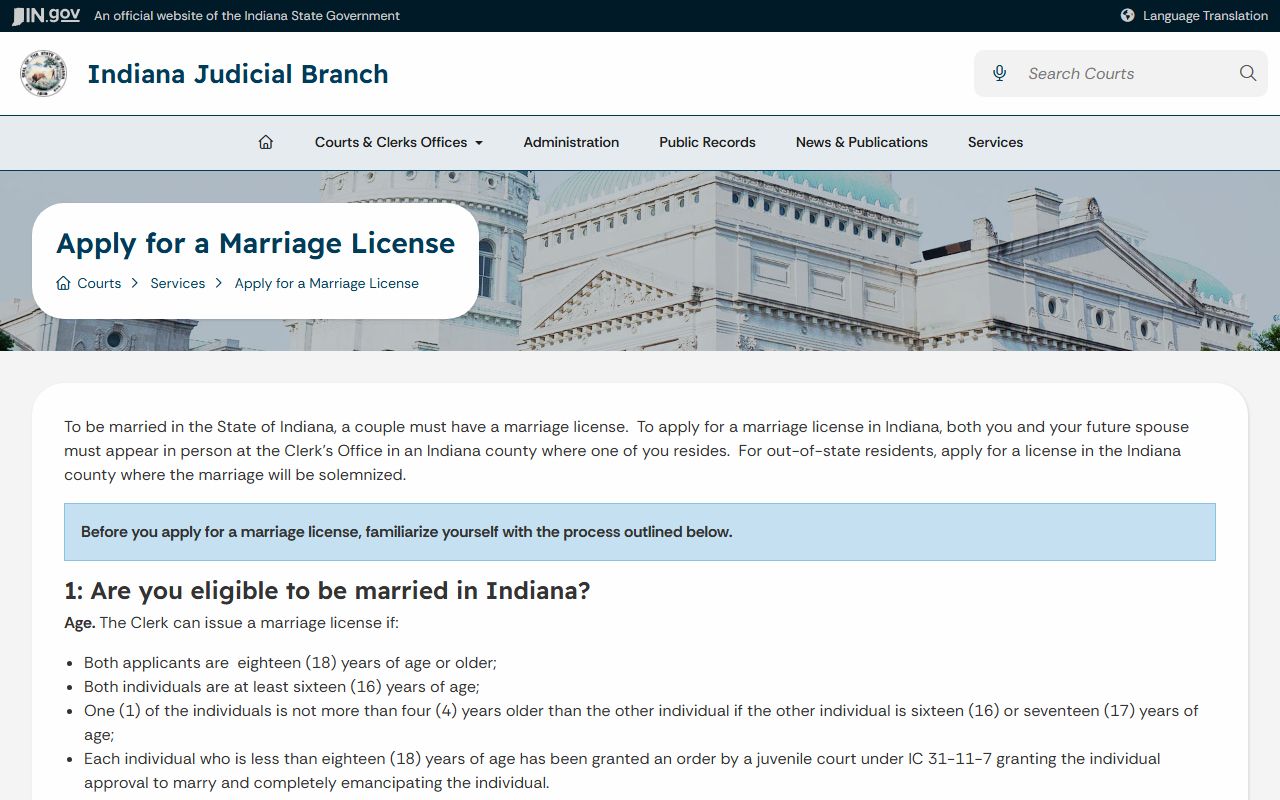 Ohio County Clerk of the Circuit Court Indiana marriage license application service