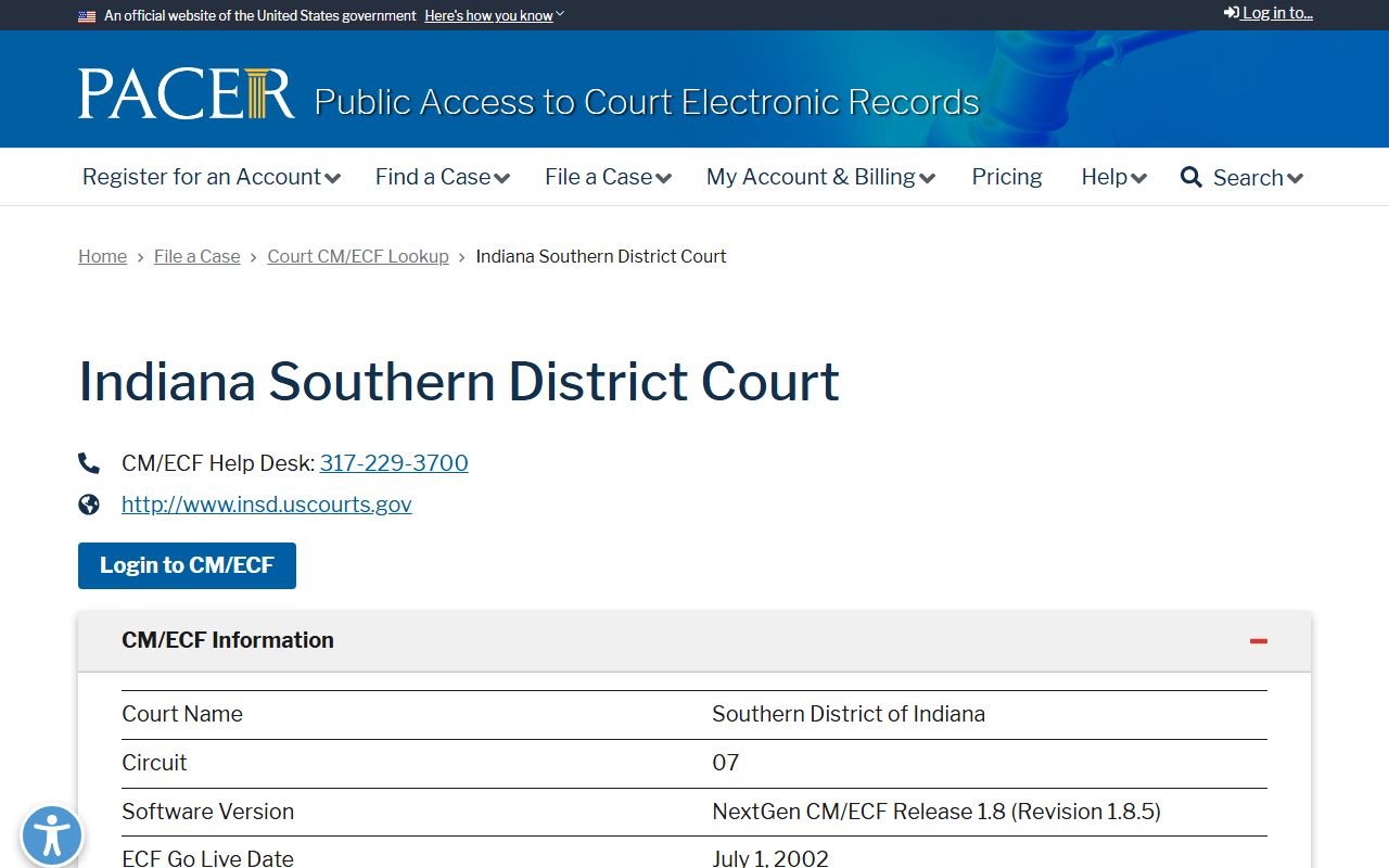 Ohio County criminal court records PACER Indiana Southern District lookup