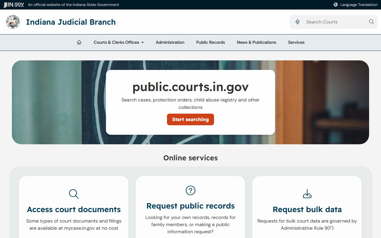 Indiana Judicial Branch public records landing page
