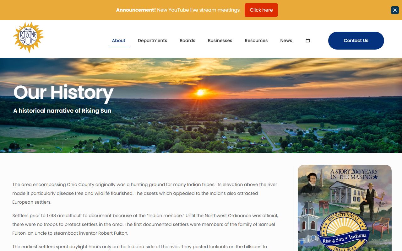 City of Rising Sun history page describing Ohio County and its 1845 courthouse