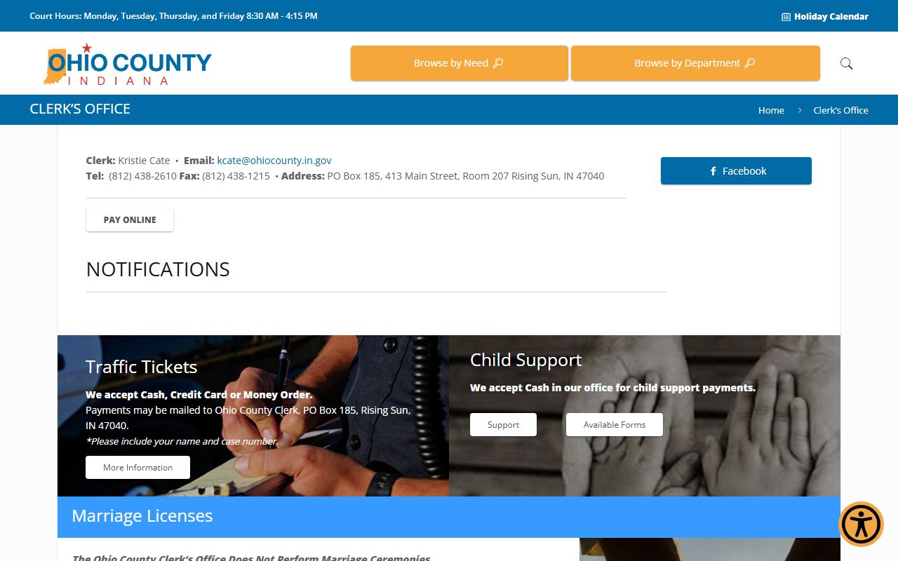 Ohio County Clerk page with Kristie Cate contact and court services