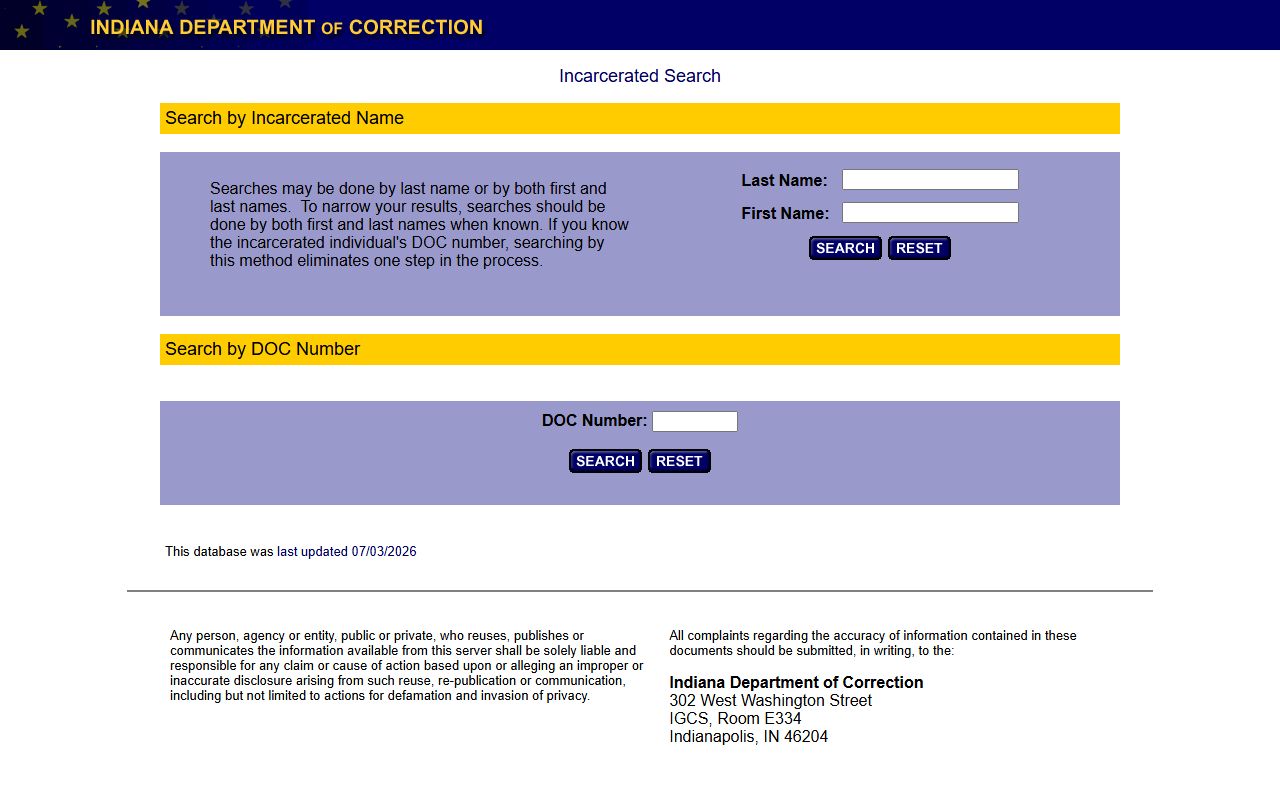 Ohio County inmate records Indiana DOC offender locator