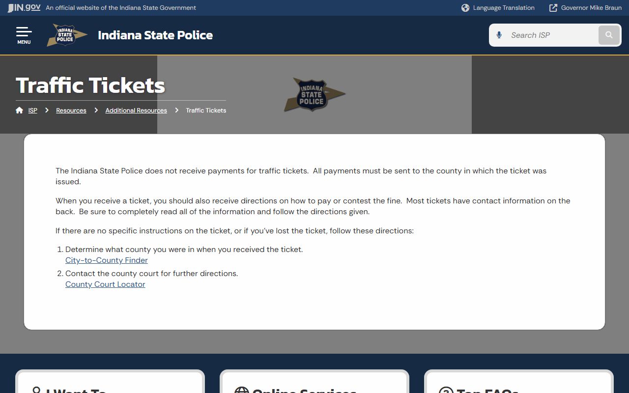 Ohio County traffic court records Indiana State Police ticket payment warning