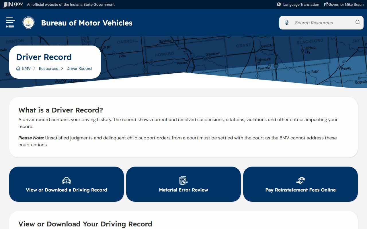 Ohio County traffic court records Indiana BMV driver record page